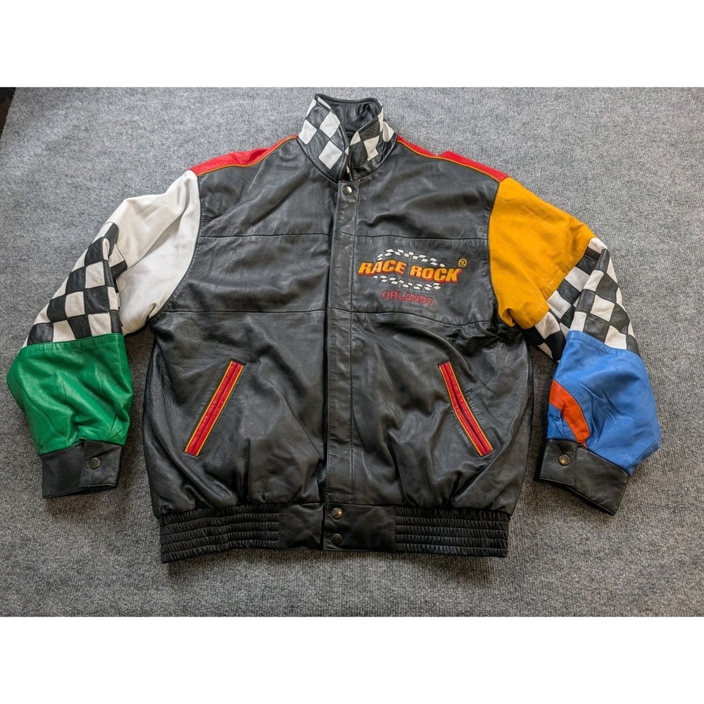 Vintage Race Rock Orlando Leather Jacket Mens Large Colorblock Racing Bomber 90s
